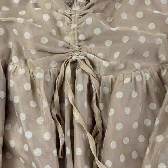 Arula Polka Dot Babydoll Mini Dress Size A 1X Tan Chiffon Long Sleeve - Picture 5 of 10
